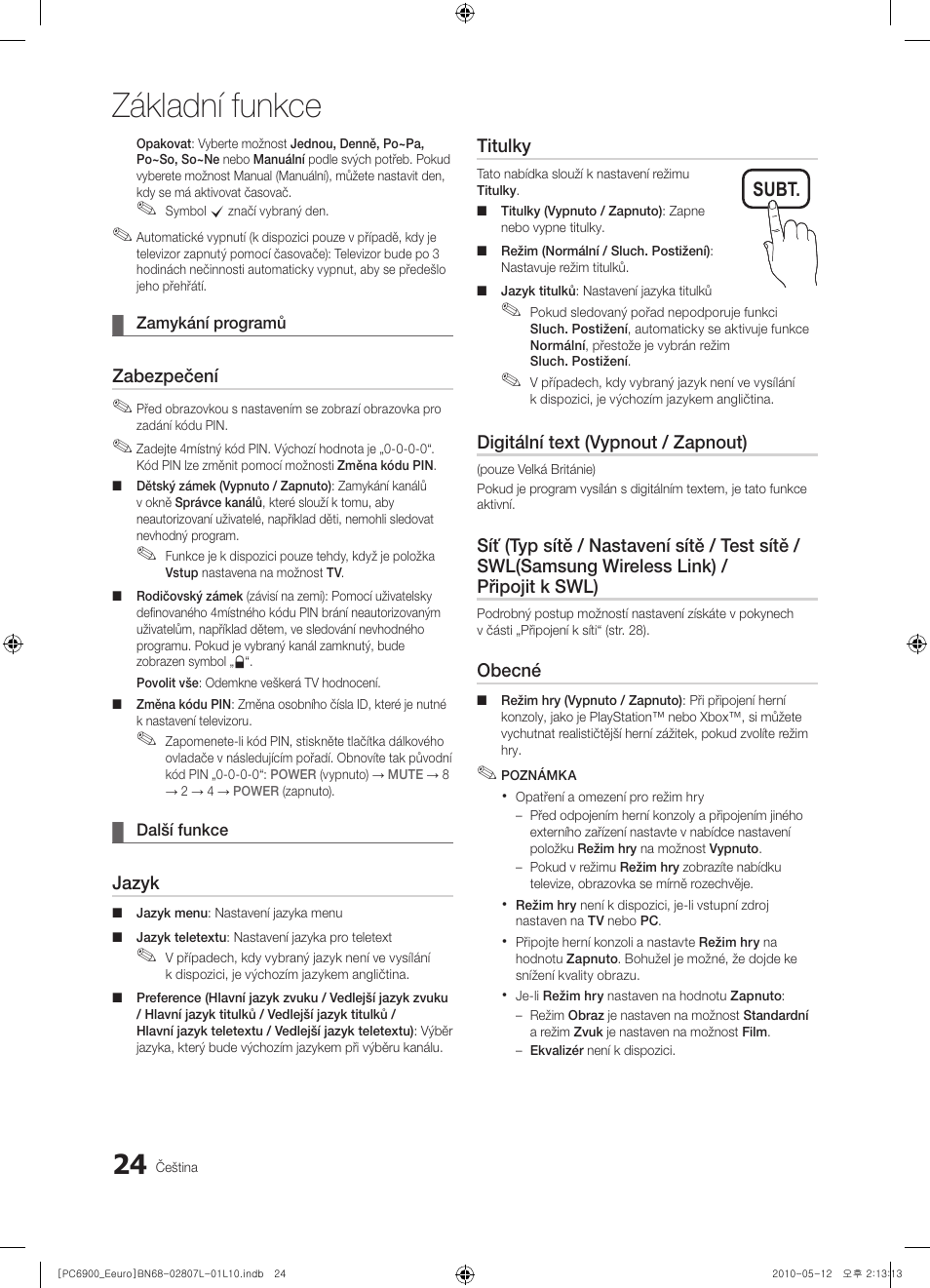 Základní funkce, Subt | Samsung PS50C6900YW User Manual | Page 396 / 620