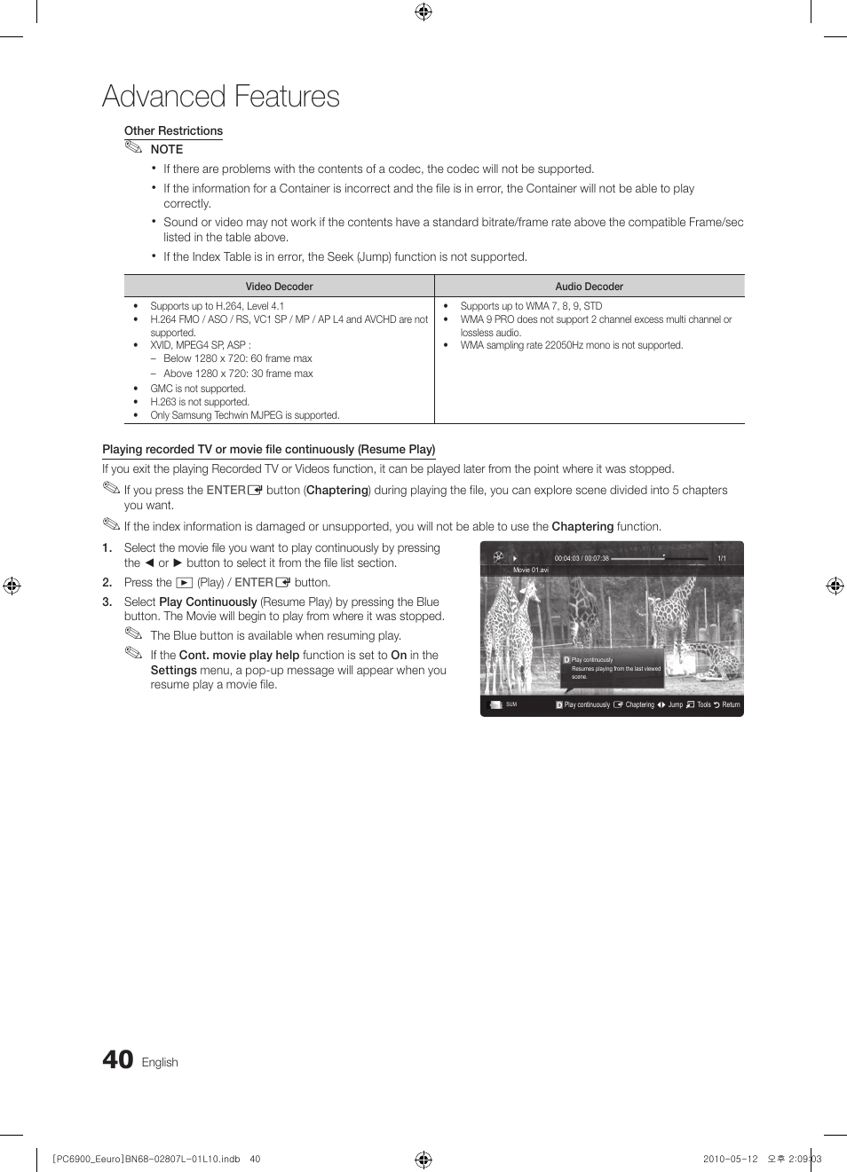 Advanced features | Samsung PS50C6900YW User Manual | Page 40 / 620
