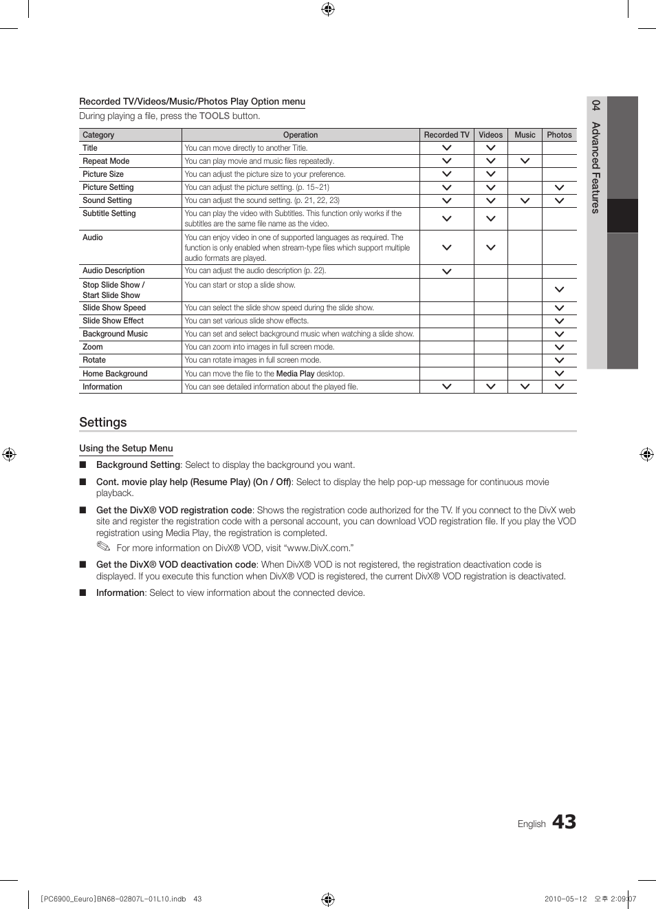 Settings | Samsung PS50C6900YW User Manual | Page 43 / 620