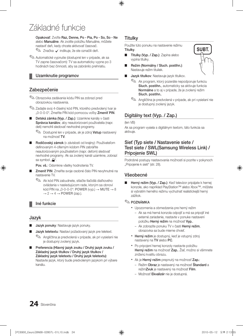Základné funkcie, Subt | Samsung PS50C6900YW User Manual | Page 458 / 620