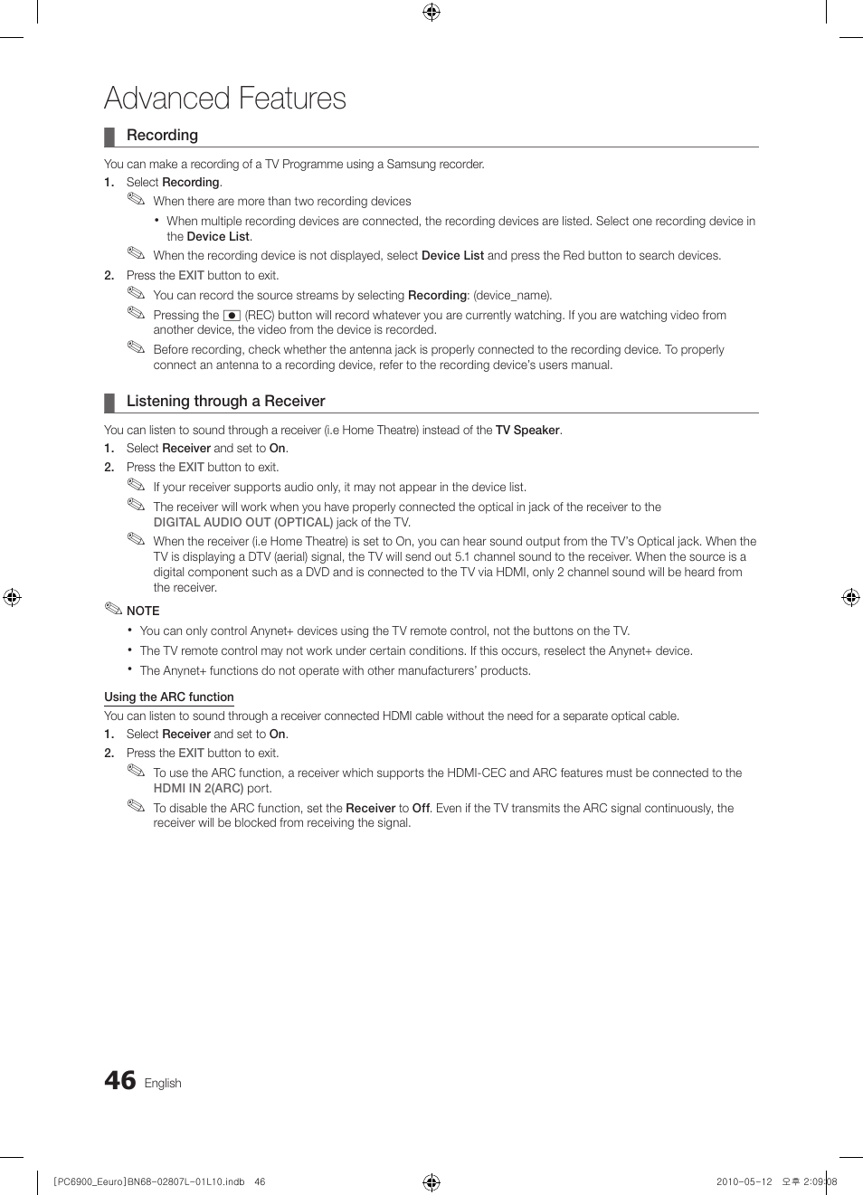 Advanced features | Samsung PS50C6900YW User Manual | Page 46 / 620