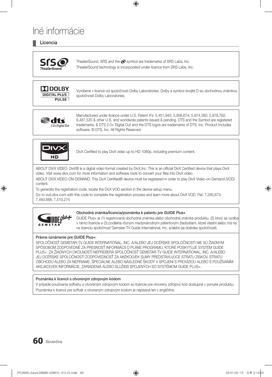 Iné informácie | Samsung PS50C6900YW User Manual | Page 494 / 620