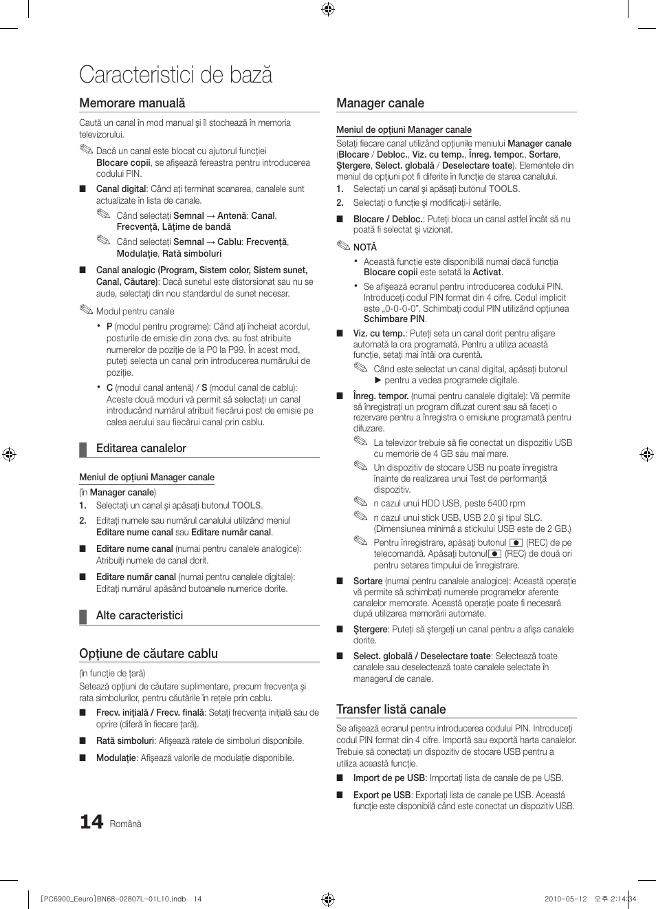 Caracteristici de bază, Opţiune de căutare cablu, Manager canale | Transfer listă canale | Samsung PS50C6900YW User Manual | Page 510 / 620