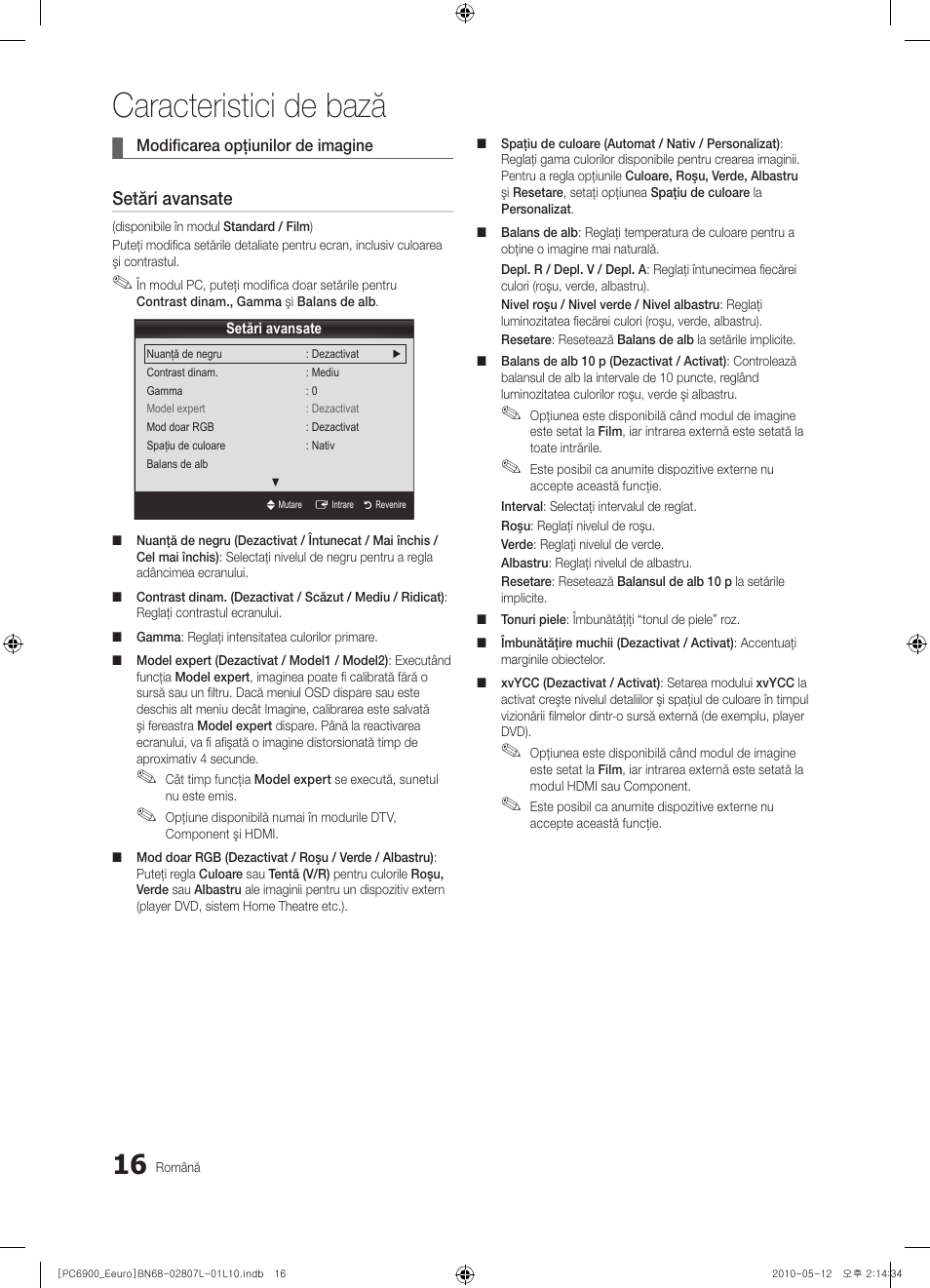 Caracteristici de bază, Setări avansate | Samsung PS50C6900YW User Manual | Page 512 / 620