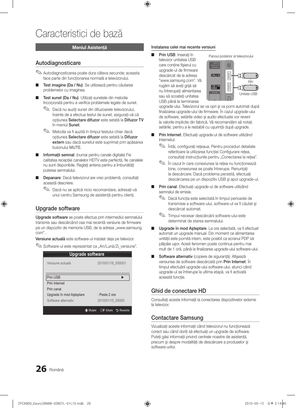 Caracteristici de bază, Autodiagnosticare, Upgrade software | Ghid de conectare hd, Contactare samsung | Samsung PS50C6900YW User Manual | Page 522 / 620