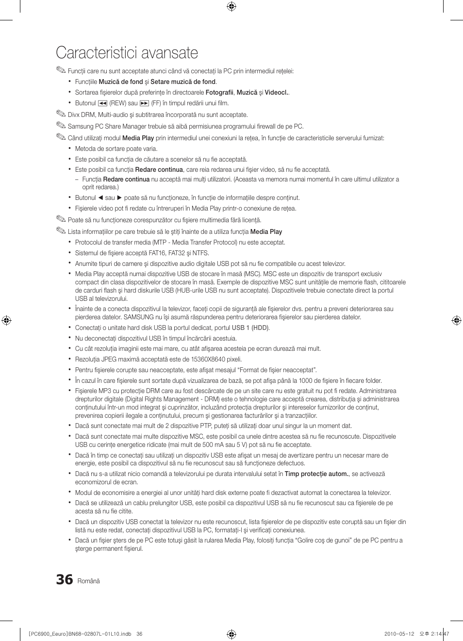 Caracteristici avansate | Samsung PS50C6900YW User Manual | Page 532 / 620