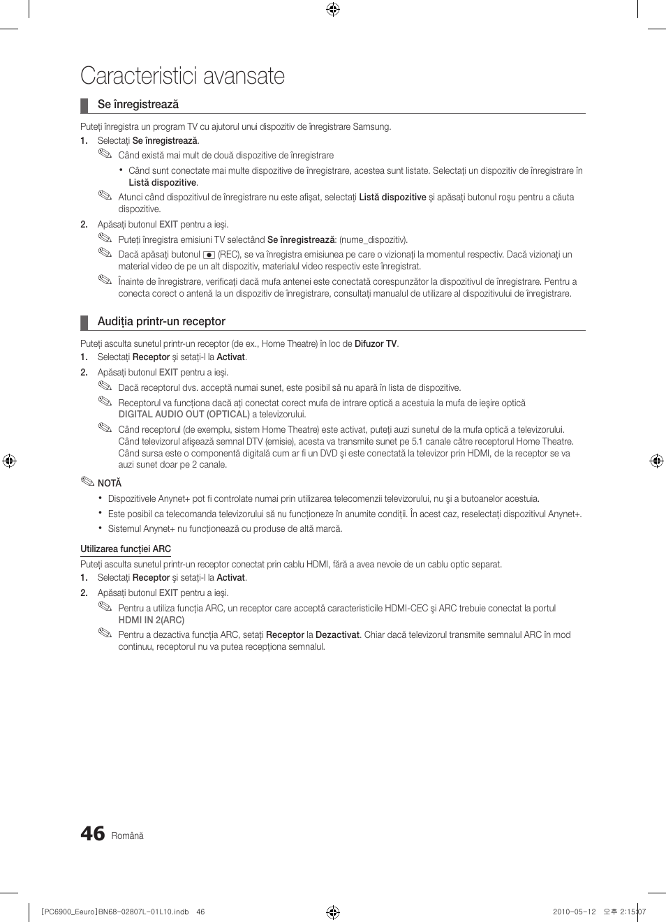 Caracteristici avansate | Samsung PS50C6900YW User Manual | Page 542 / 620