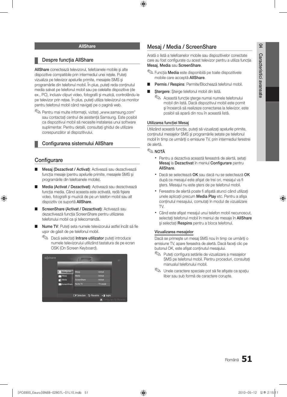 Configurare, Mesaj / media / screenshare | Samsung PS50C6900YW User Manual | Page 547 / 620
