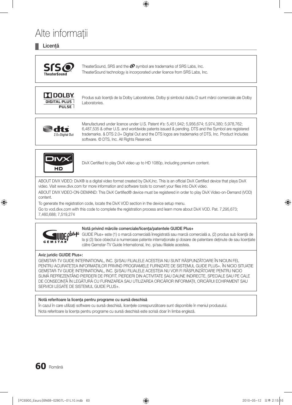 Alte informaţii | Samsung PS50C6900YW User Manual | Page 556 / 620