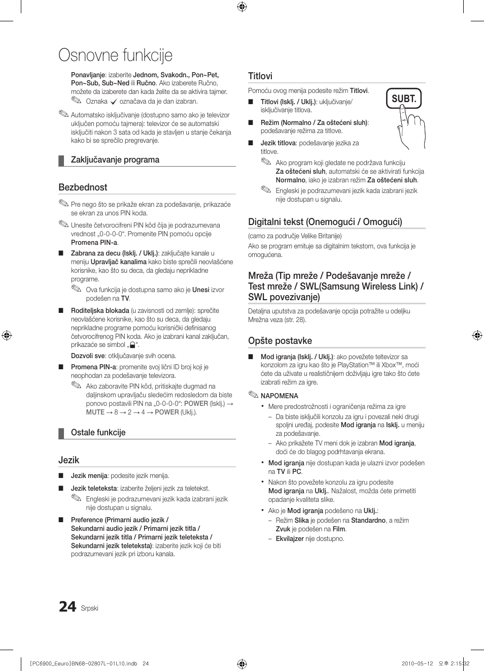 Osnovne funkcije, Subt | Samsung PS50C6900YW User Manual | Page 582 / 620