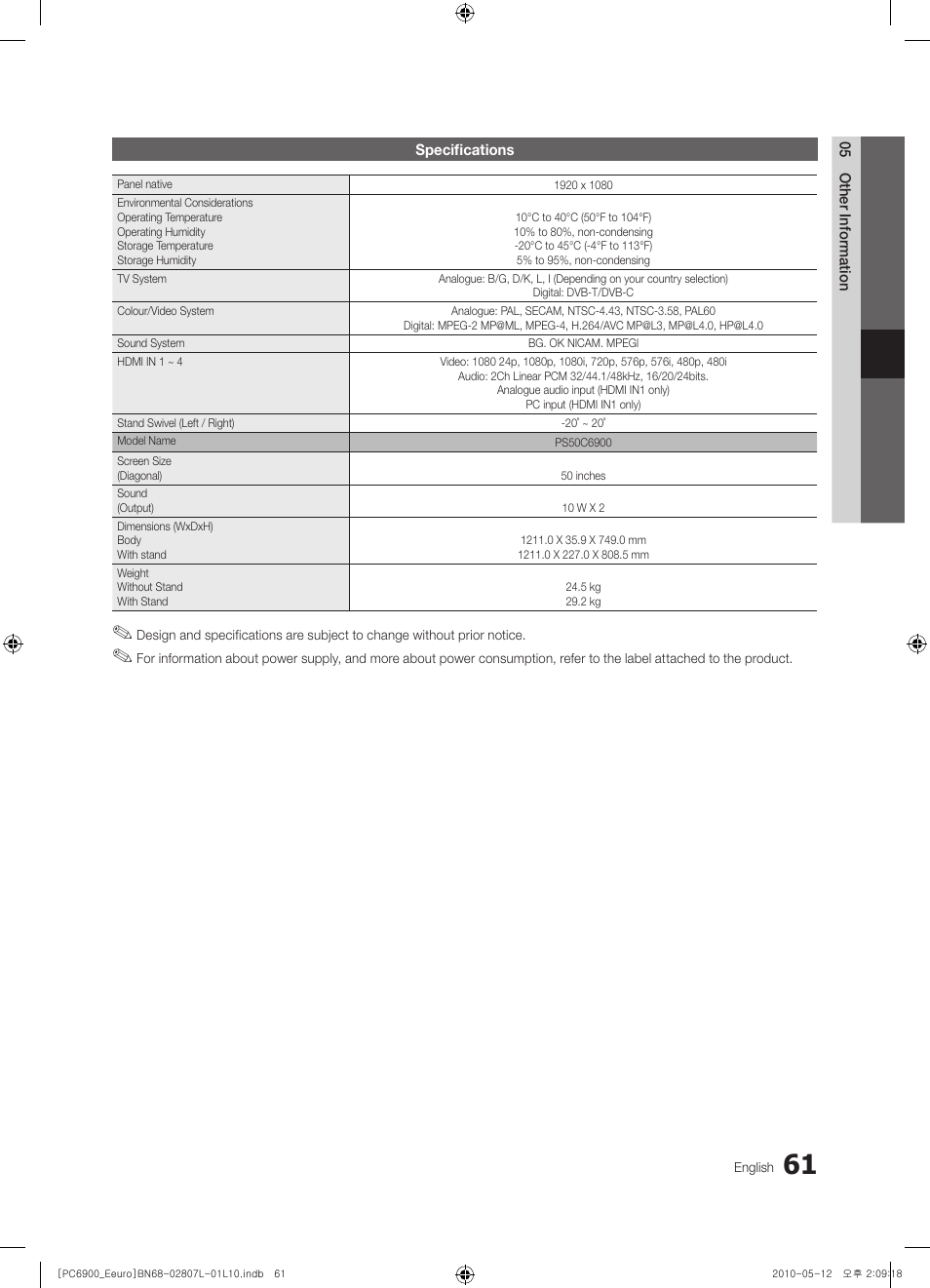 Samsung PS50C6900YW User Manual | Page 61 / 620