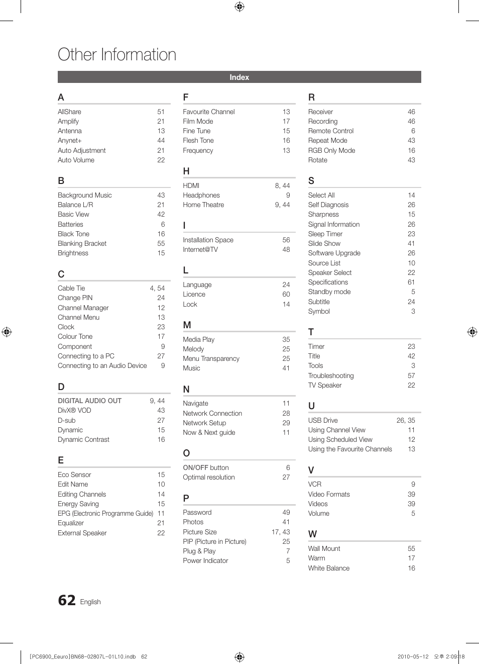 Other information | Samsung PS50C6900YW User Manual | Page 62 / 620