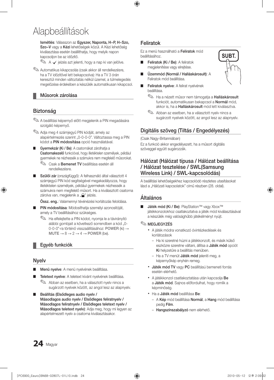 Alapbeállítások, Subt | Samsung PS50C6900YW User Manual | Page 86 / 620