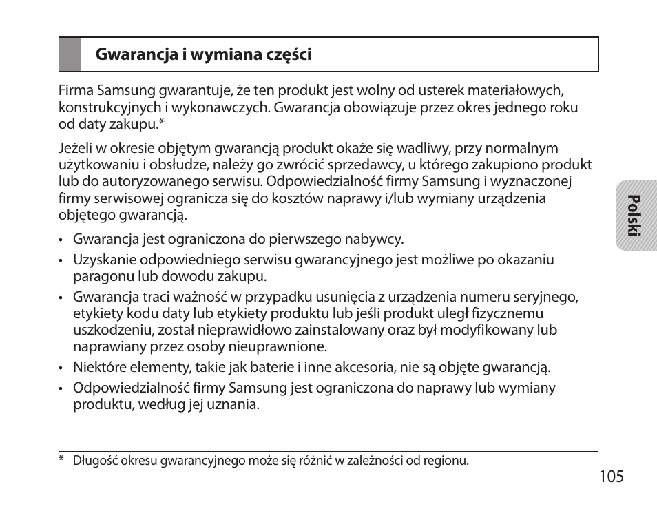 Gwarancja i wymiana części | Samsung BHS6000 User Manual | Page 107 / 218