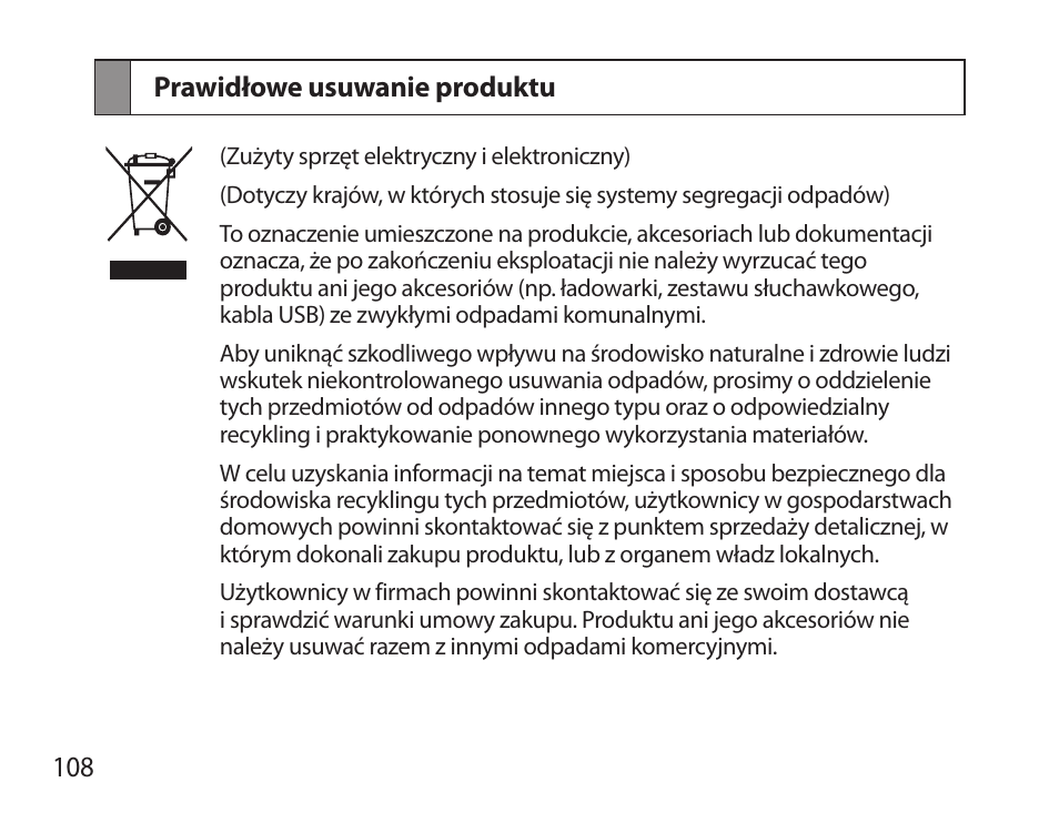 Prawidłowe usuwanie produktu | Samsung BHS6000 User Manual | Page 110 / 218