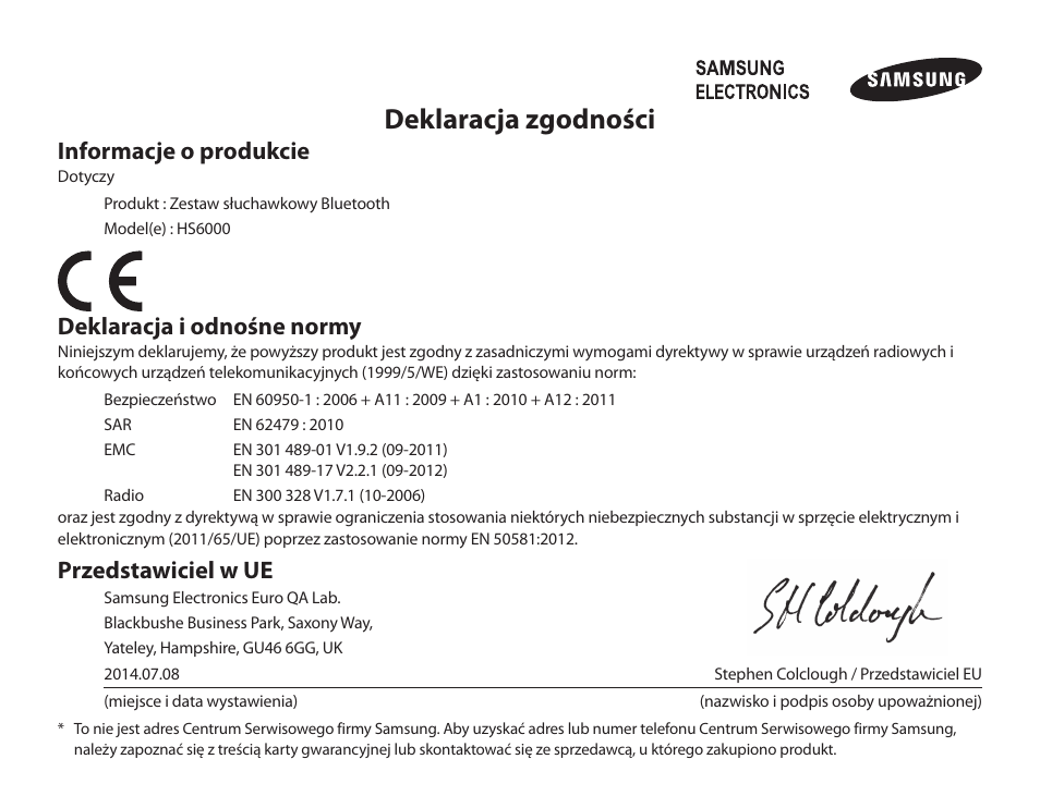 Deklaracja zgodności, Informacje o produkcie, Deklaracja i odnośne normy | Przedstawiciel w ue | Samsung BHS6000 User Manual | Page 113 / 218