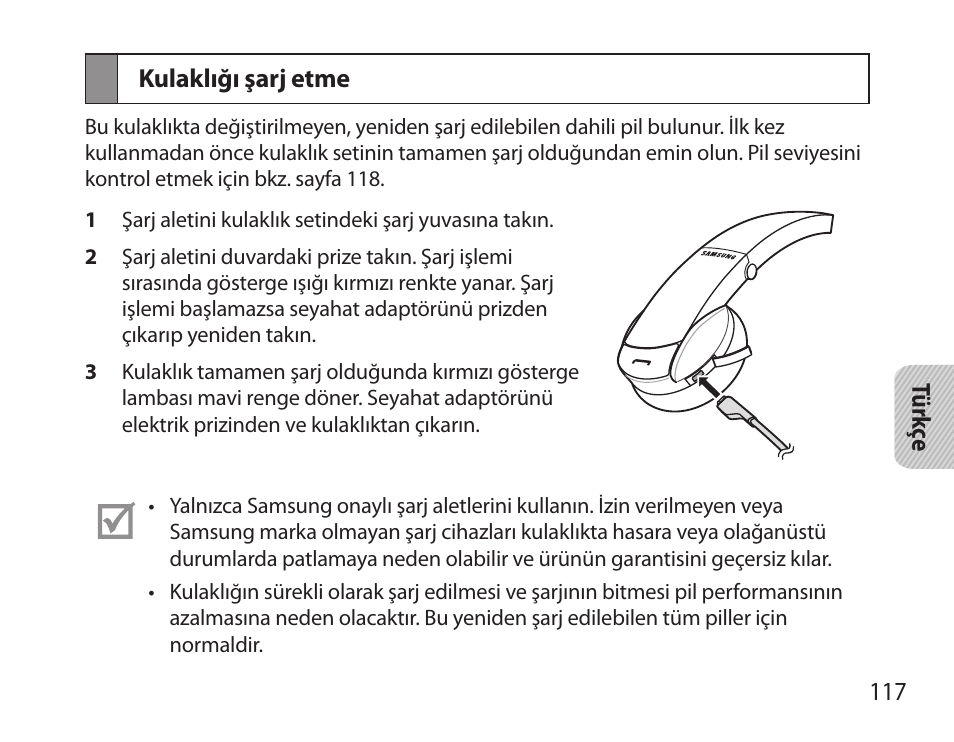 Kulaklığı şarj etme | Samsung BHS6000 User Manual | Page 119 / 218