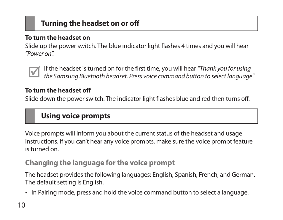 Turning the headset on or off using voice prompts | Samsung BHS6000 User Manual | Page 12 / 218