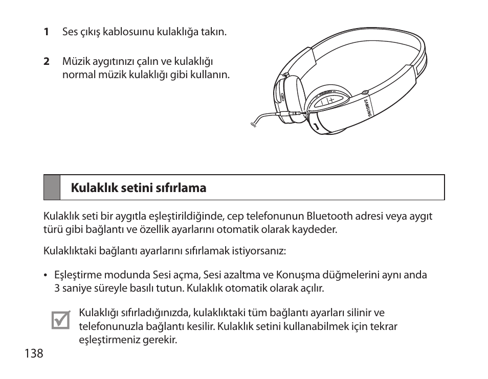 Kulaklık setini sıfırlama | Samsung BHS6000 User Manual | Page 140 / 218