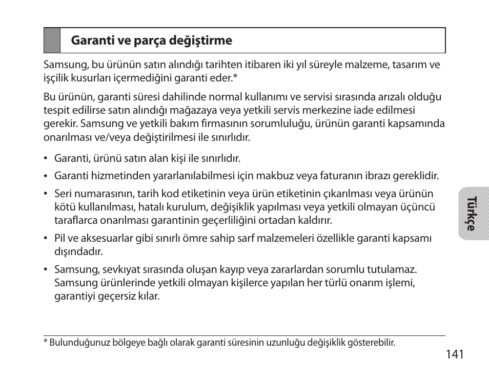 Garanti ve parça değiştirme | Samsung BHS6000 User Manual | Page 143 / 218
