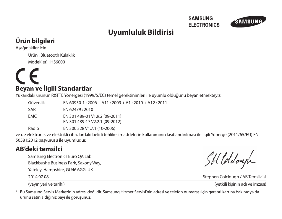 Uyumluluk bildirisi, Ürün bilgileri, Beyan ve ilgili standartlar | Ab’deki temsilci | Samsung BHS6000 User Manual | Page 147 / 218