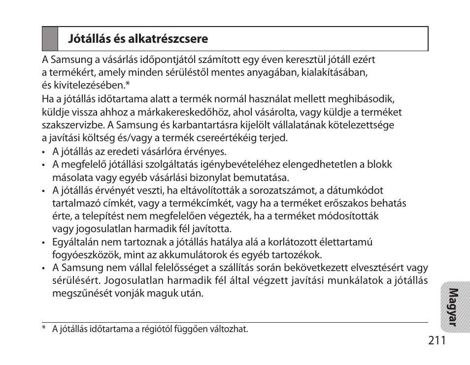 Jótállás és alkatrészcsere | Samsung BHS6000 User Manual | Page 213 / 218