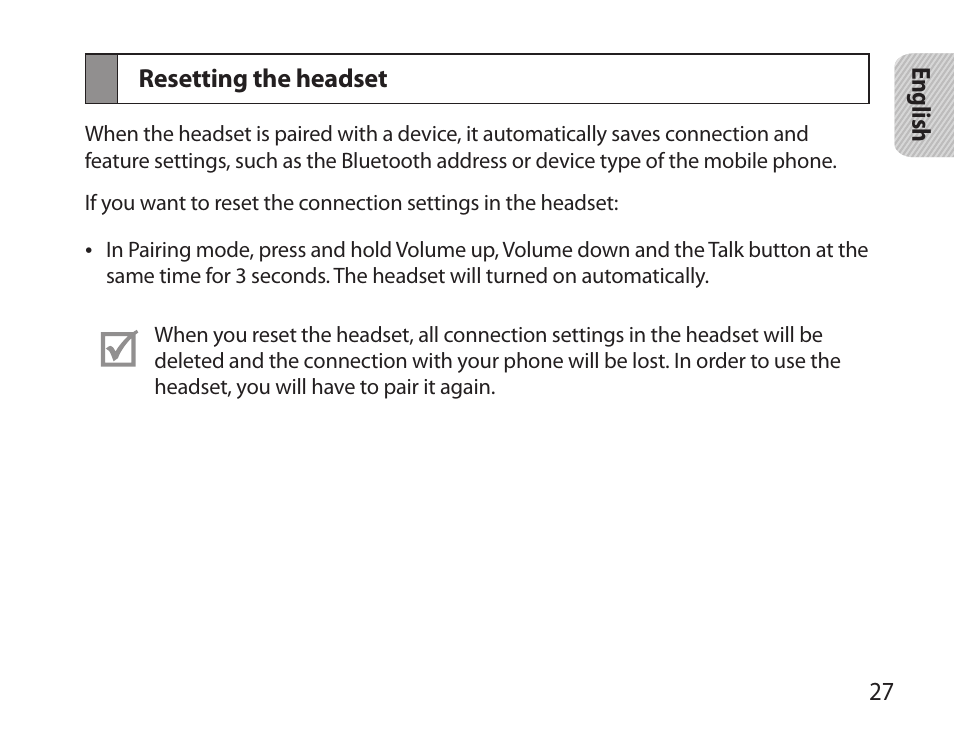 Resetting the headset | Samsung BHS6000 User Manual | Page 29 / 218