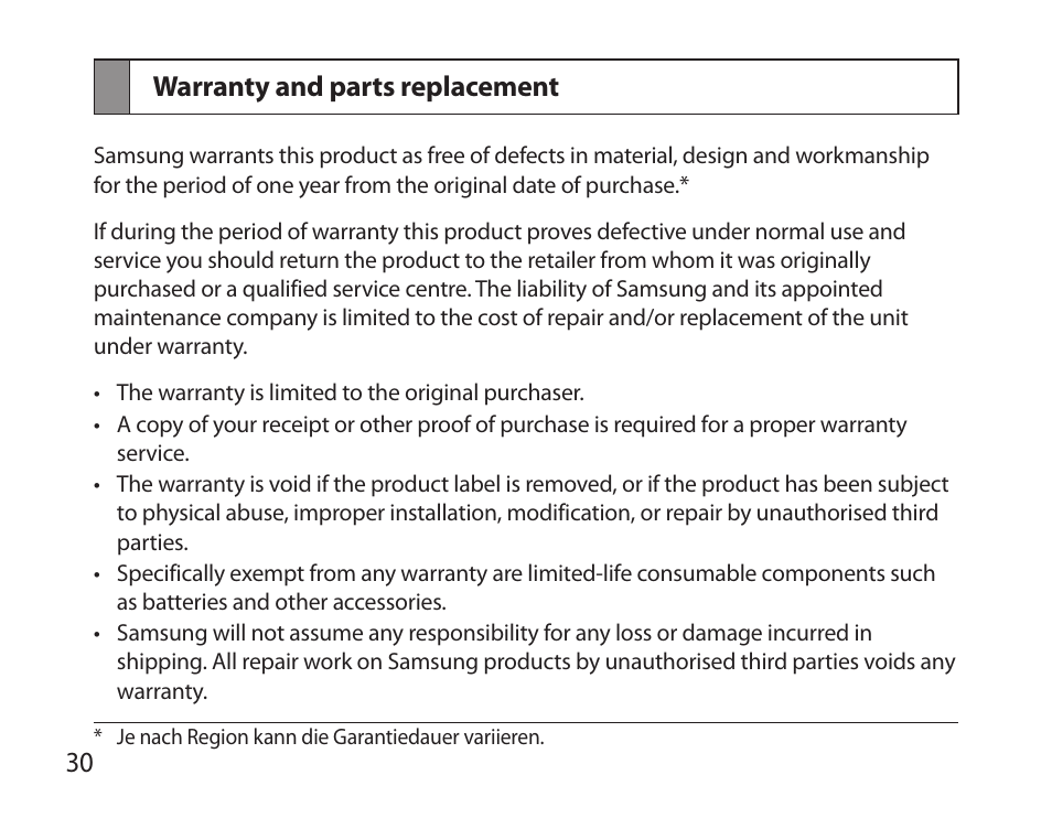 Warranty and parts replacement, 30 warranty and parts replacement | Samsung BHS6000 User Manual | Page 32 / 218
