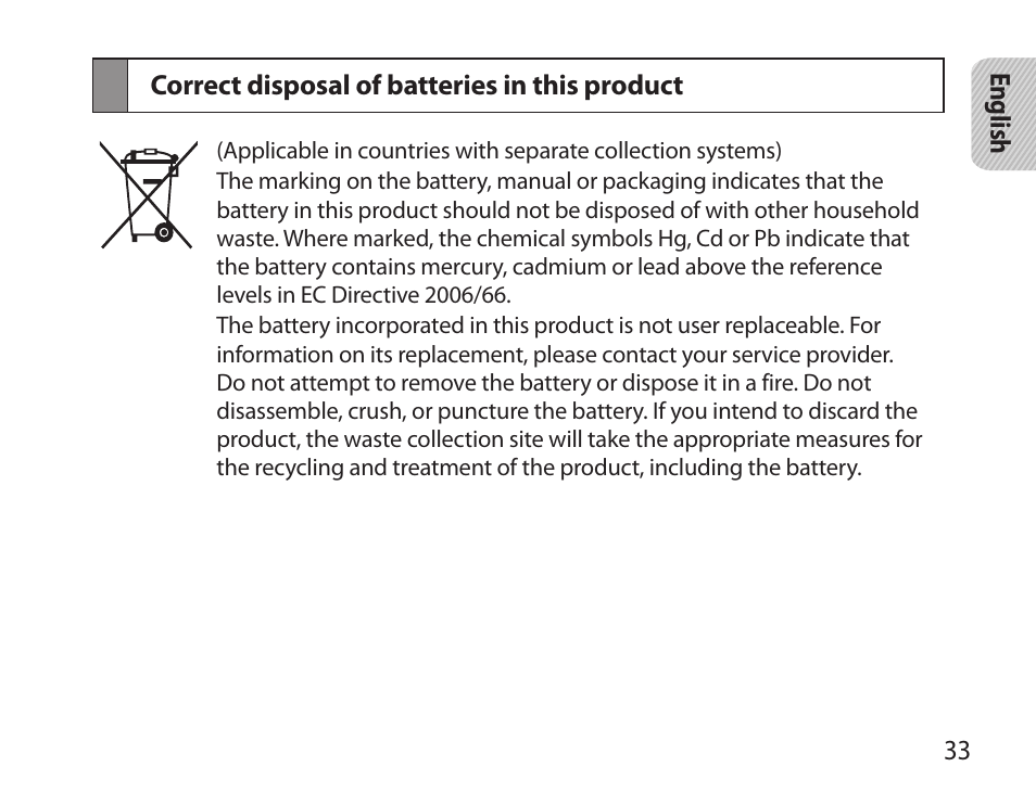 Correct disposal of batteries in this product | Samsung BHS6000 User Manual | Page 35 / 218