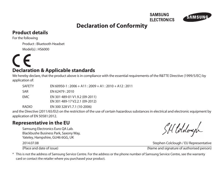 Declaration of conformity, Product details, Declaration & applicable standards | Representative in the eu | Samsung BHS6000 User Manual | Page 36 / 218