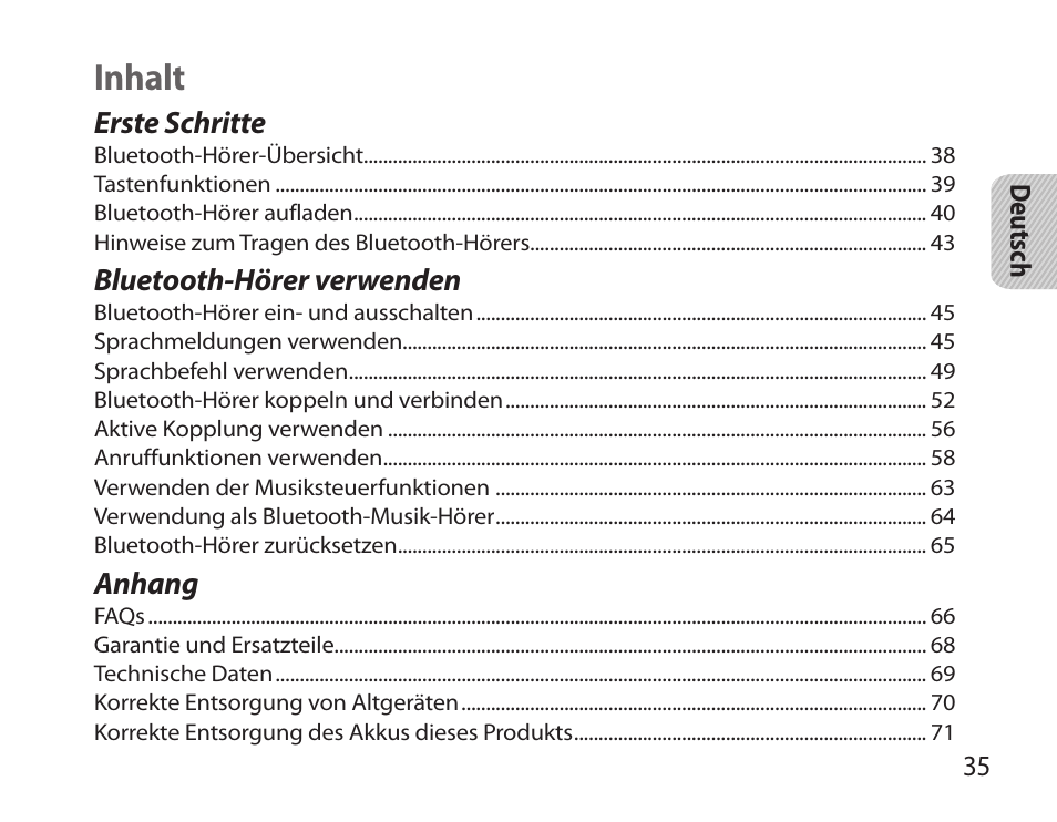 Deutsch, Inhalt | Samsung BHS6000 User Manual | Page 37 / 218