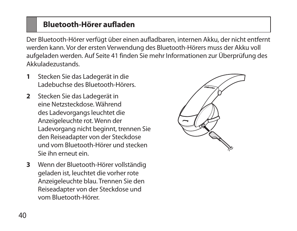 Bluetooth-hörer aufladen | Samsung BHS6000 User Manual | Page 42 / 218