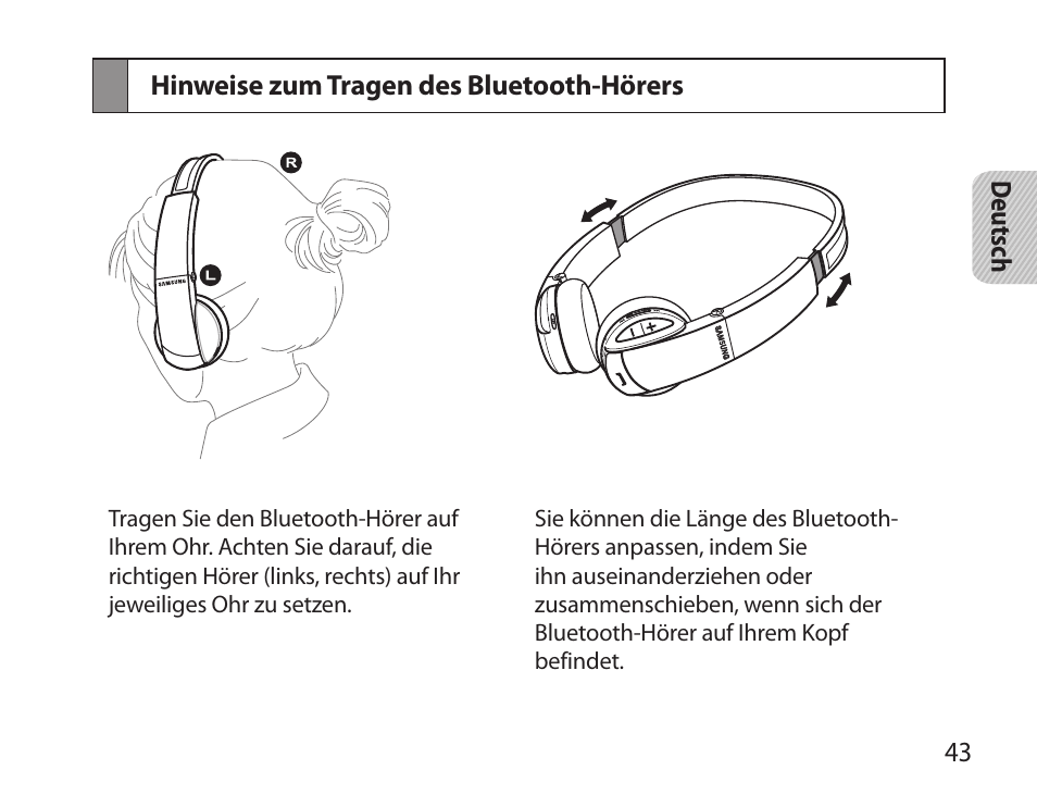 Hinweise zum tragen des bluetooth-hörers | Samsung BHS6000 User Manual | Page 45 / 218