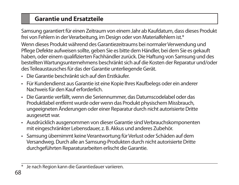 Garantie und ersatzteile | Samsung BHS6000 User Manual | Page 70 / 218