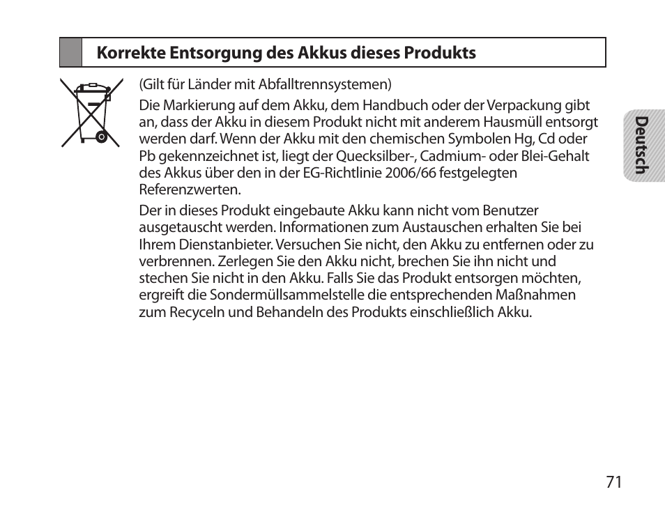 Korrekte entsorgung des akkus dieses produkts | Samsung BHS6000 User Manual | Page 73 / 218