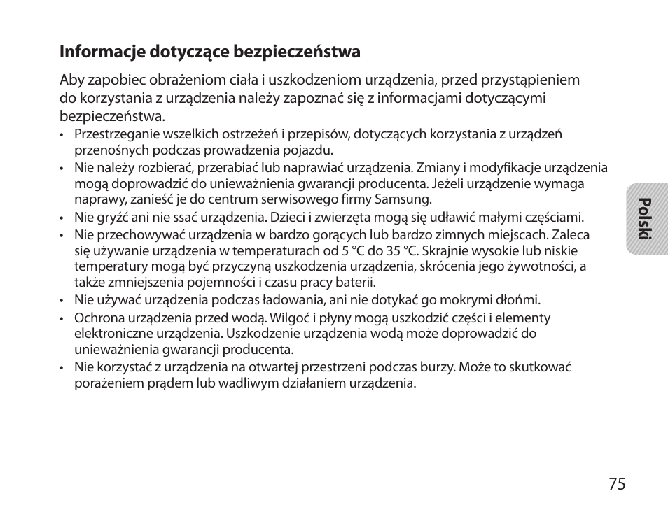 75 polsk i informacje dotyczące bezpieczeństwa | Samsung BHS6000 User Manual | Page 77 / 218