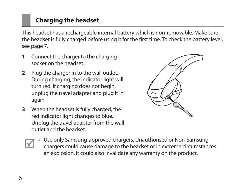 Charging the headset | Samsung BHS6000 User Manual | Page 8 / 218