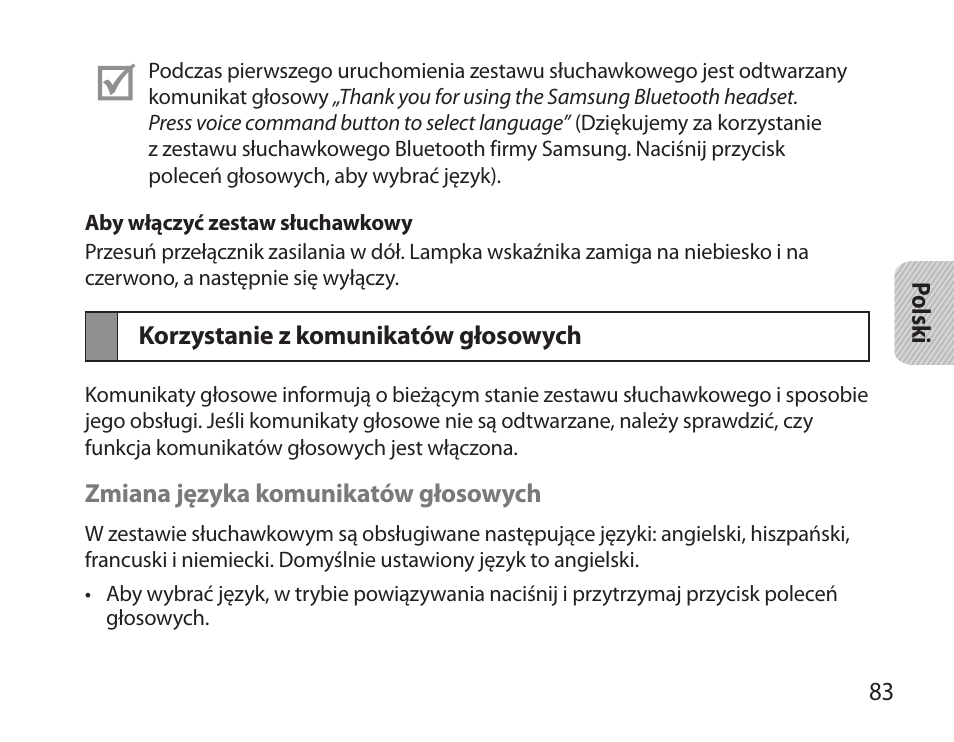 Korzystanie z komunikatów głosowych | Samsung BHS6000 User Manual | Page 85 / 218