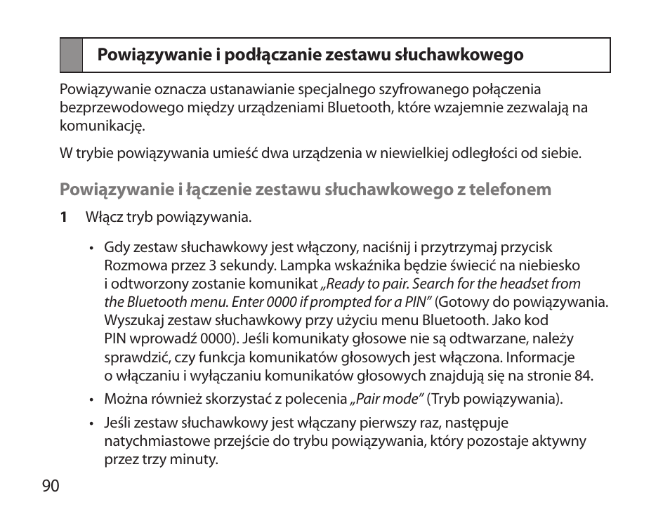 Powiązywanie i podłączanie zestawu słuchawkowego | Samsung BHS6000 User Manual | Page 92 / 218