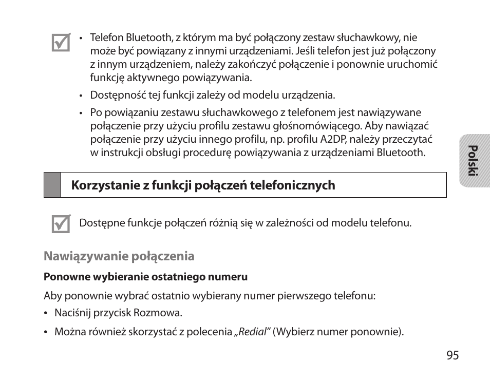 Korzystanie z funkcji połączeń telefonicznych | Samsung BHS6000 User Manual | Page 97 / 218