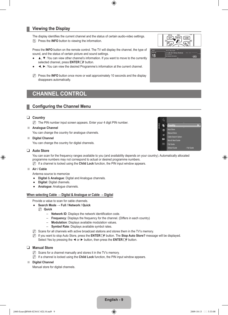 Viewing the display, Channel control, Configuring the channel menu | Samsung LE32B460B2W User Manual | Page 11 / 328