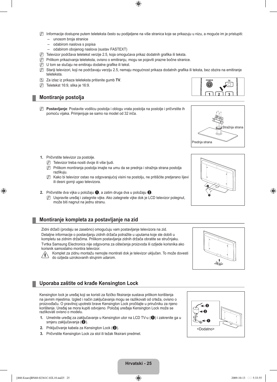 Montiranje postolja, Montiranje kompleta za postavljanje na zid, Uporaba zaštite od krađe kensington lock | Samsung LE32B460B2W User Manual | Page 187 / 328