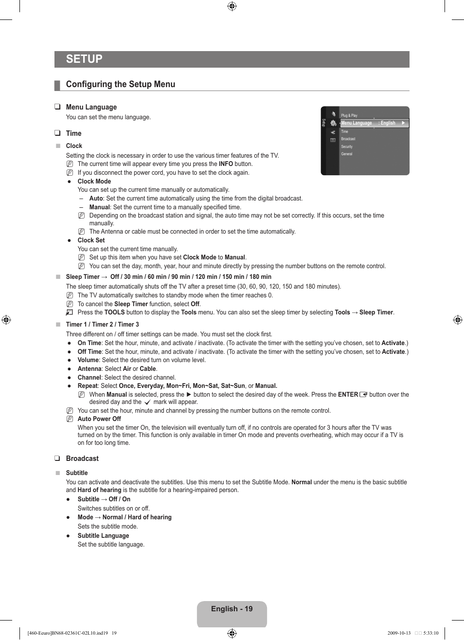 Setup, Configuring the setup menu | Samsung LE32B460B2W User Manual | Page 21 / 328