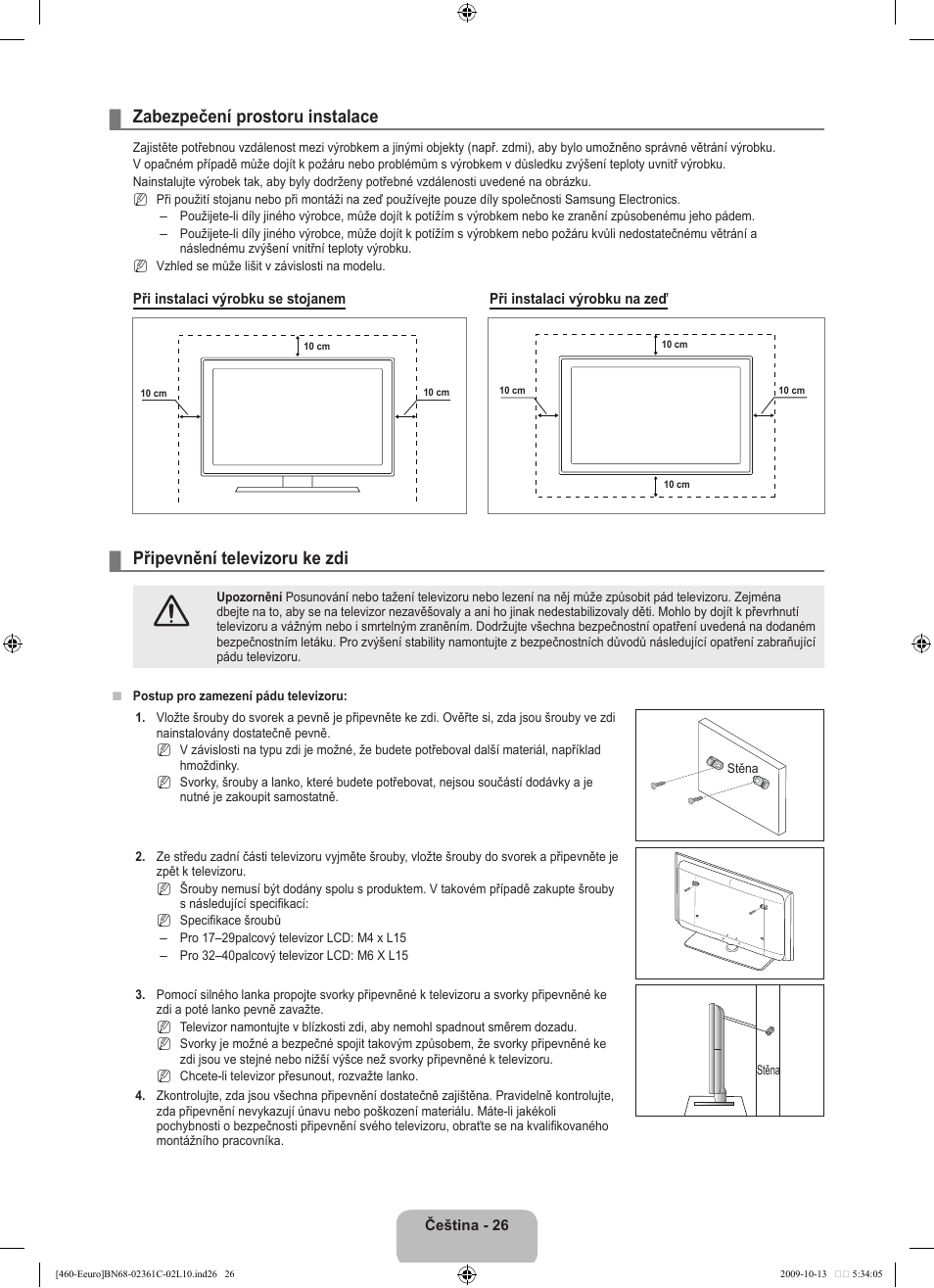 Zabezpečení prostoru instalace, Připevnění televizoru ke zdi | Samsung LE32B460B2W User Manual | Page 220 / 328