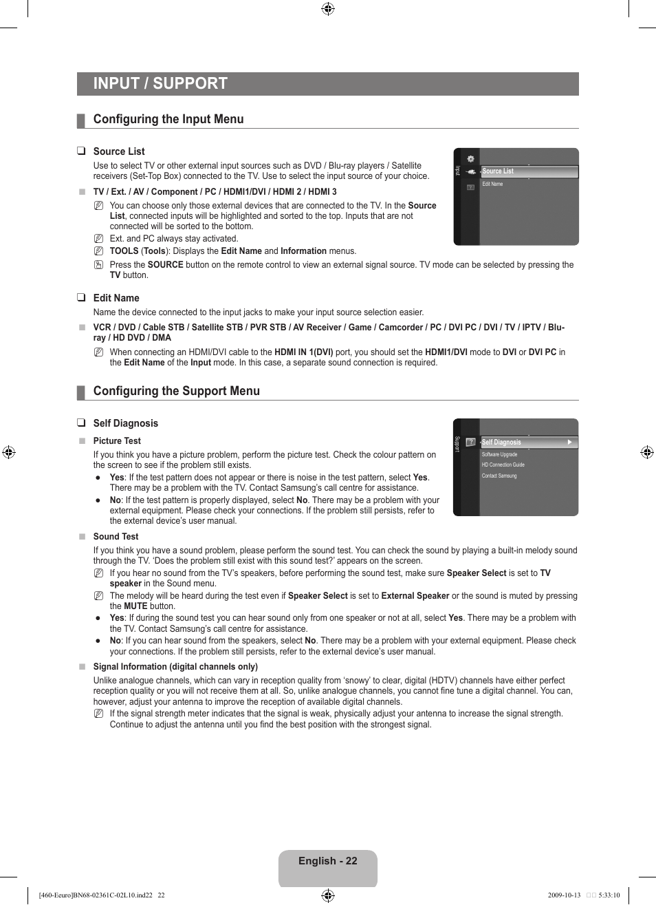 Input / support, Configuring the input menu, Configuring the support menu | Samsung LE32B460B2W User Manual | Page 24 / 328