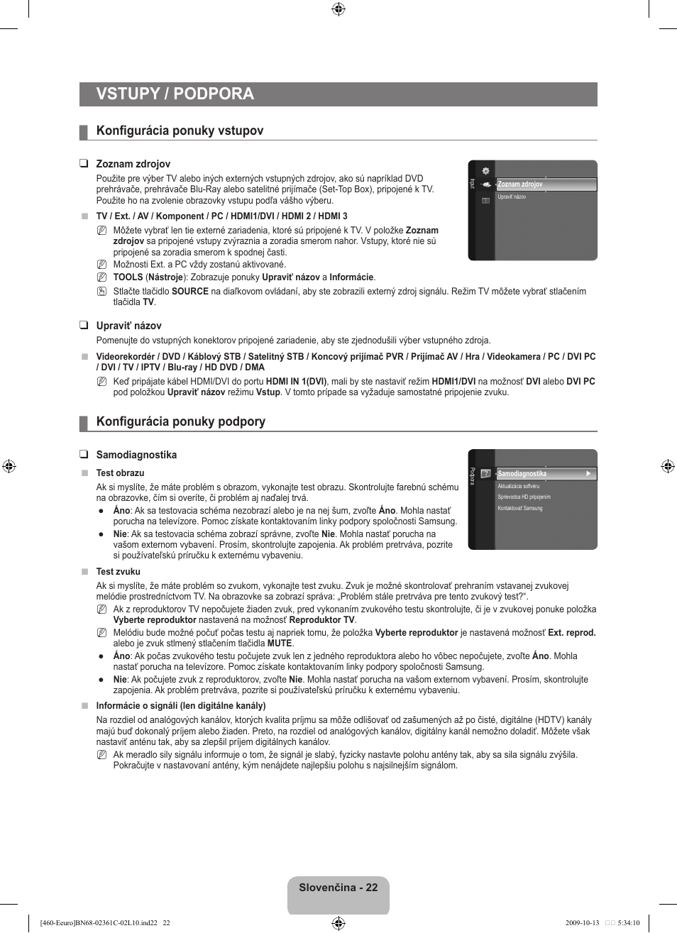 Vstupy / podpora, Konfigurácia ponuky vstupov, Konfigurácia ponuky podpory | Samsung LE32B460B2W User Manual | Page 248 / 328