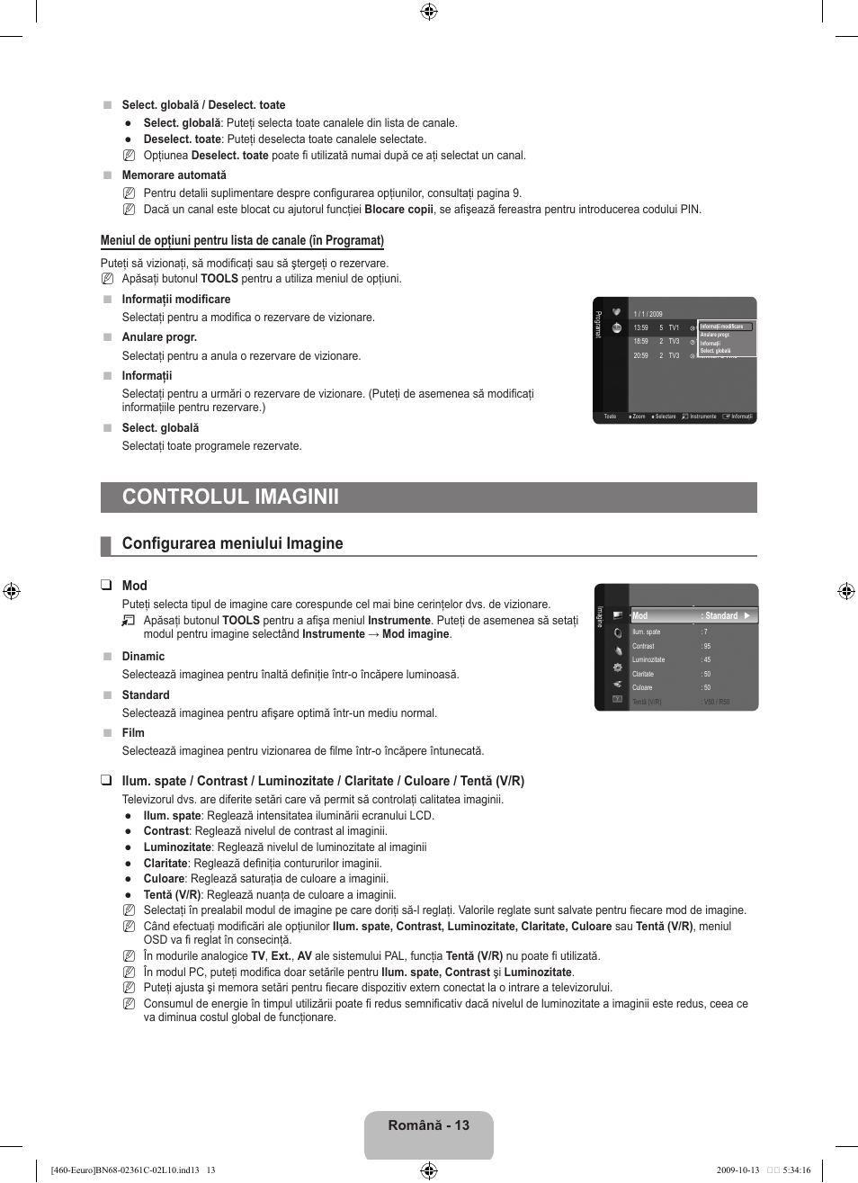 Controlul imaginii, Configurarea meniului imagine | Samsung LE32B460B2W User Manual | Page 271 / 328
