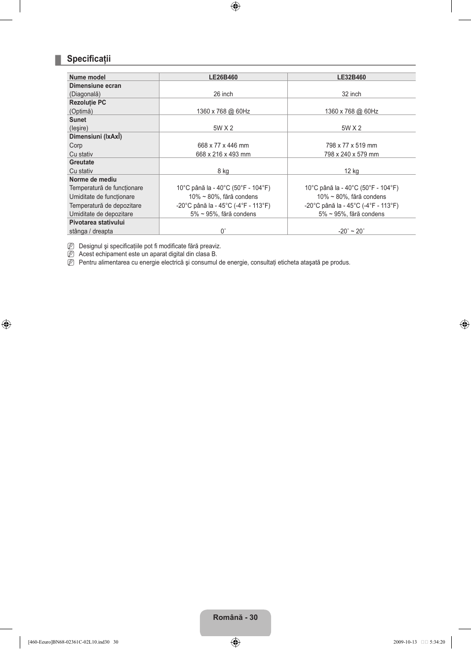 Specificaţii | Samsung LE32B460B2W User Manual | Page 288 / 328