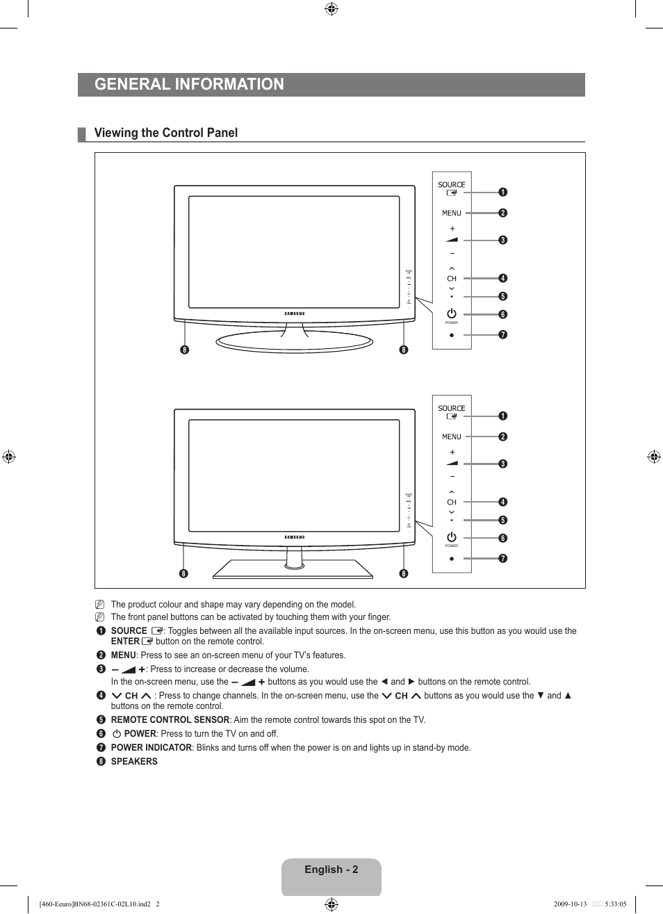 General information, Viewing the control panel | Samsung LE32B460B2W User Manual | Page 4 / 328