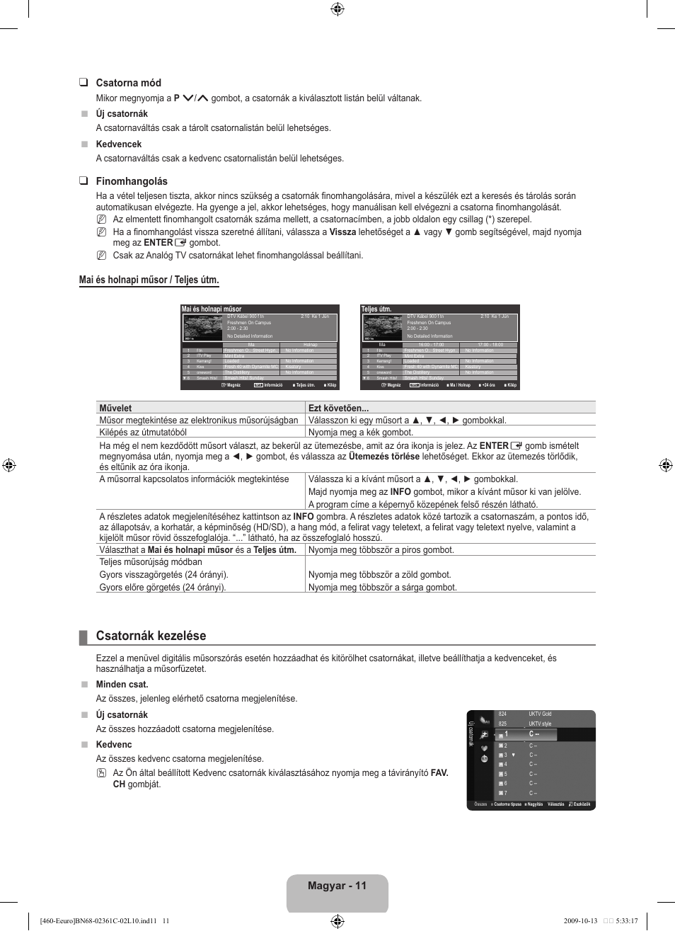 Csatornák kezelése, Magyar - 11 csatorna mód, Finomhangolás | Mai és holnapi műsor / teljes útm, N n n | Samsung LE32B460B2W User Manual | Page 45 / 328